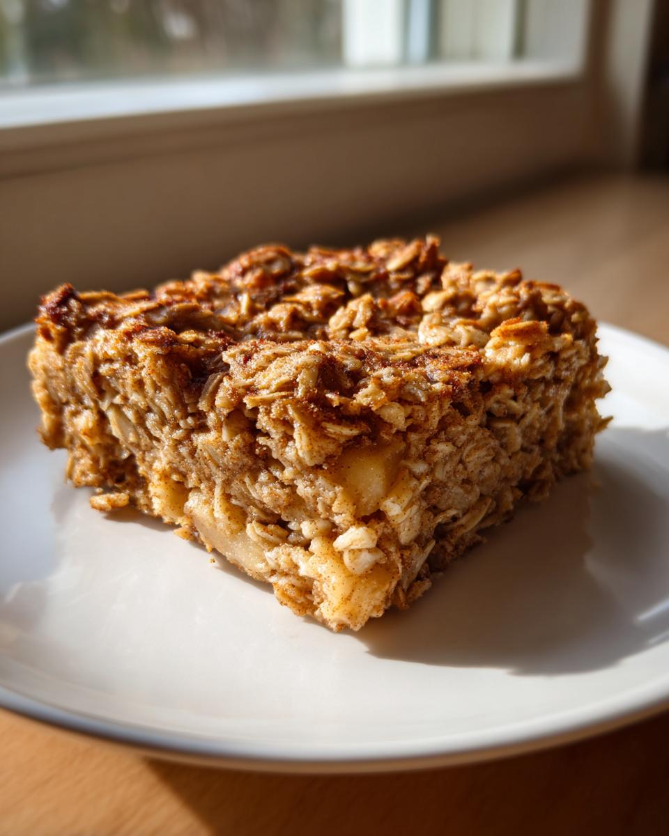 A close-up of a square serving of cinnamon baked oatmeal on a white plate.