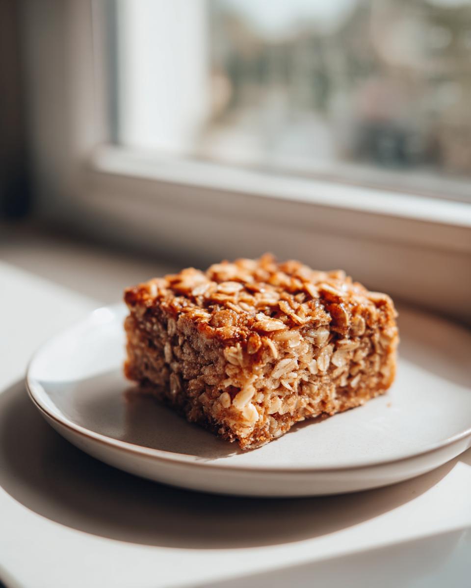 A single, golden-brown square of baked oatmeal sitting on a small white plate near a window.