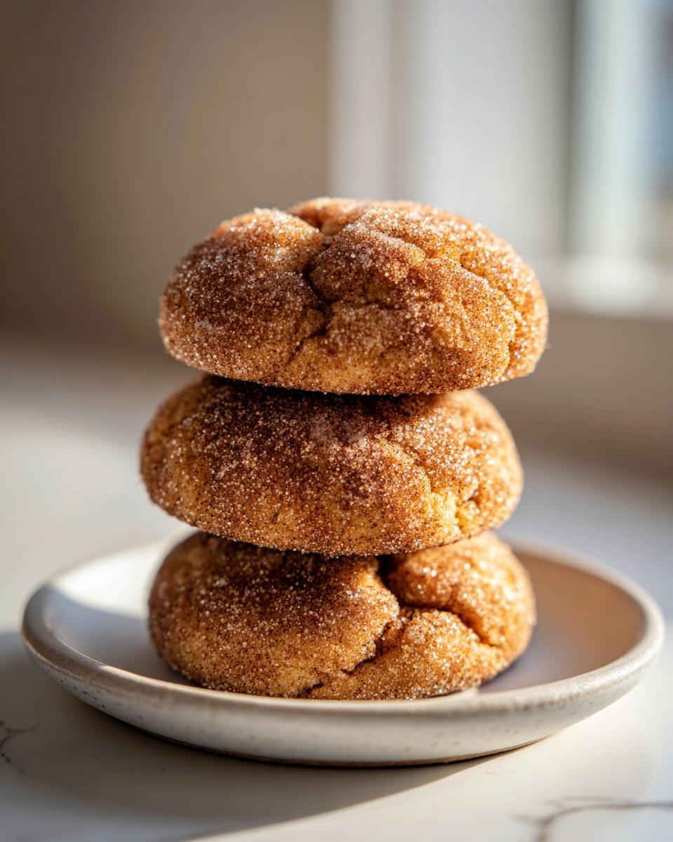 A stack of three soft, puffy cinnamon cookies heavily coated in sugar, resting on a small white plate.