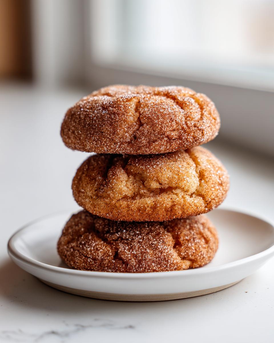 A vertical stack of three soft, puffy cinnamon cookies generously coated in cinnamon sugar, resting on a small white plate.