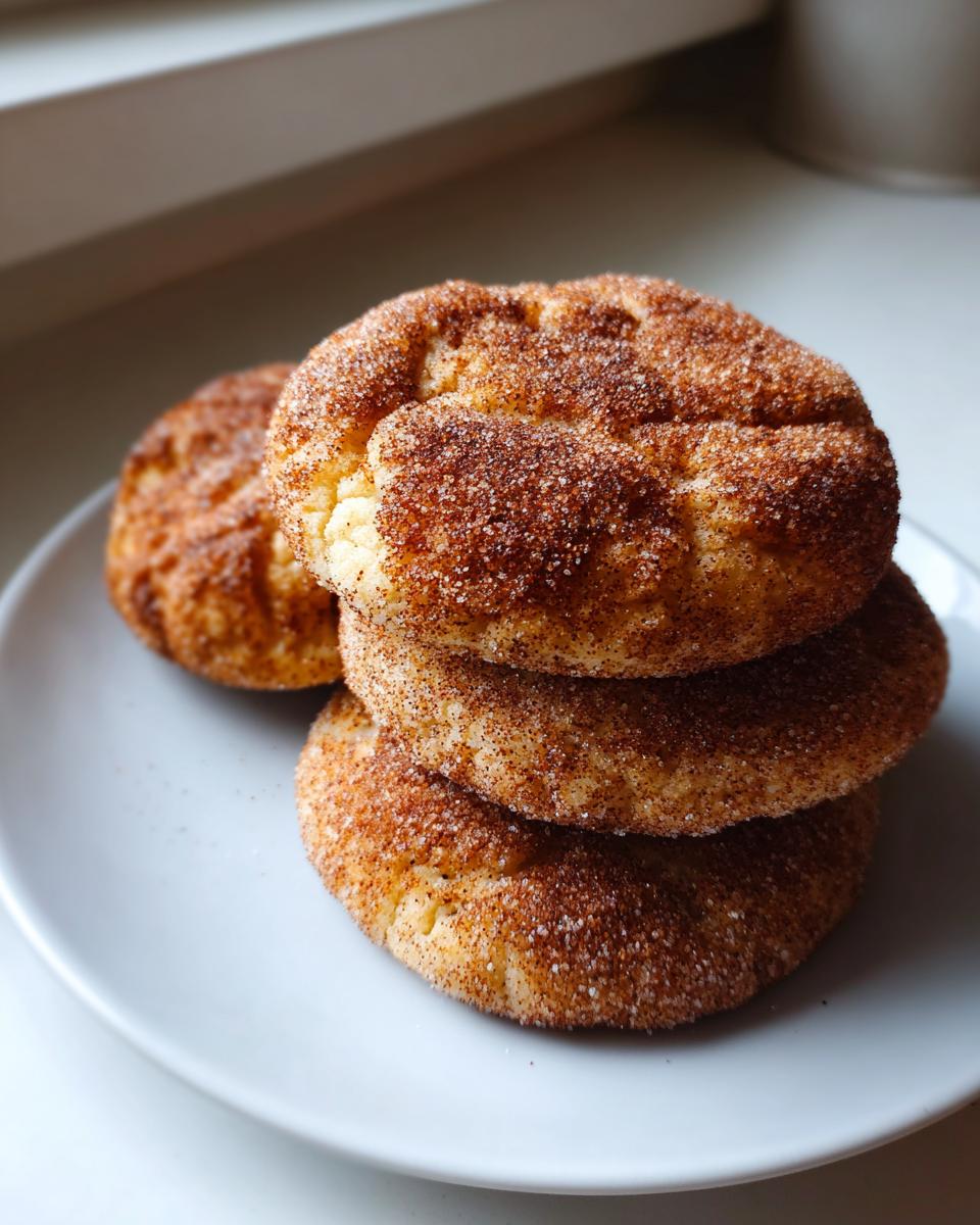 A stack of three soft, puffy cinnamon cookies heavily coated in cinnamon sugar, resting on a white plate.