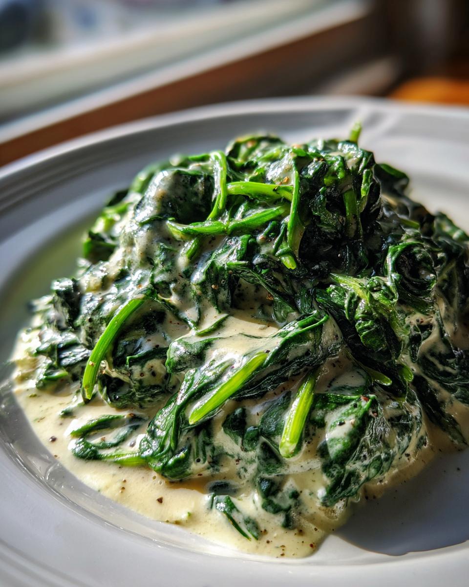Close-up of rich, vibrant green creamed spinach served on a white plate, showing the creamy sauce.