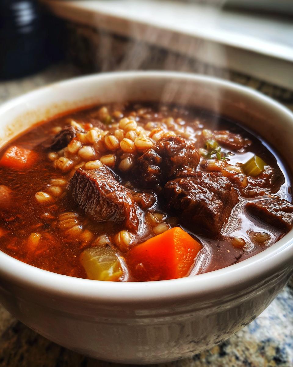 Close-up of a steaming white bowl filled with rich beef barley soup, showing chunks of beef, carrots, and barley.
