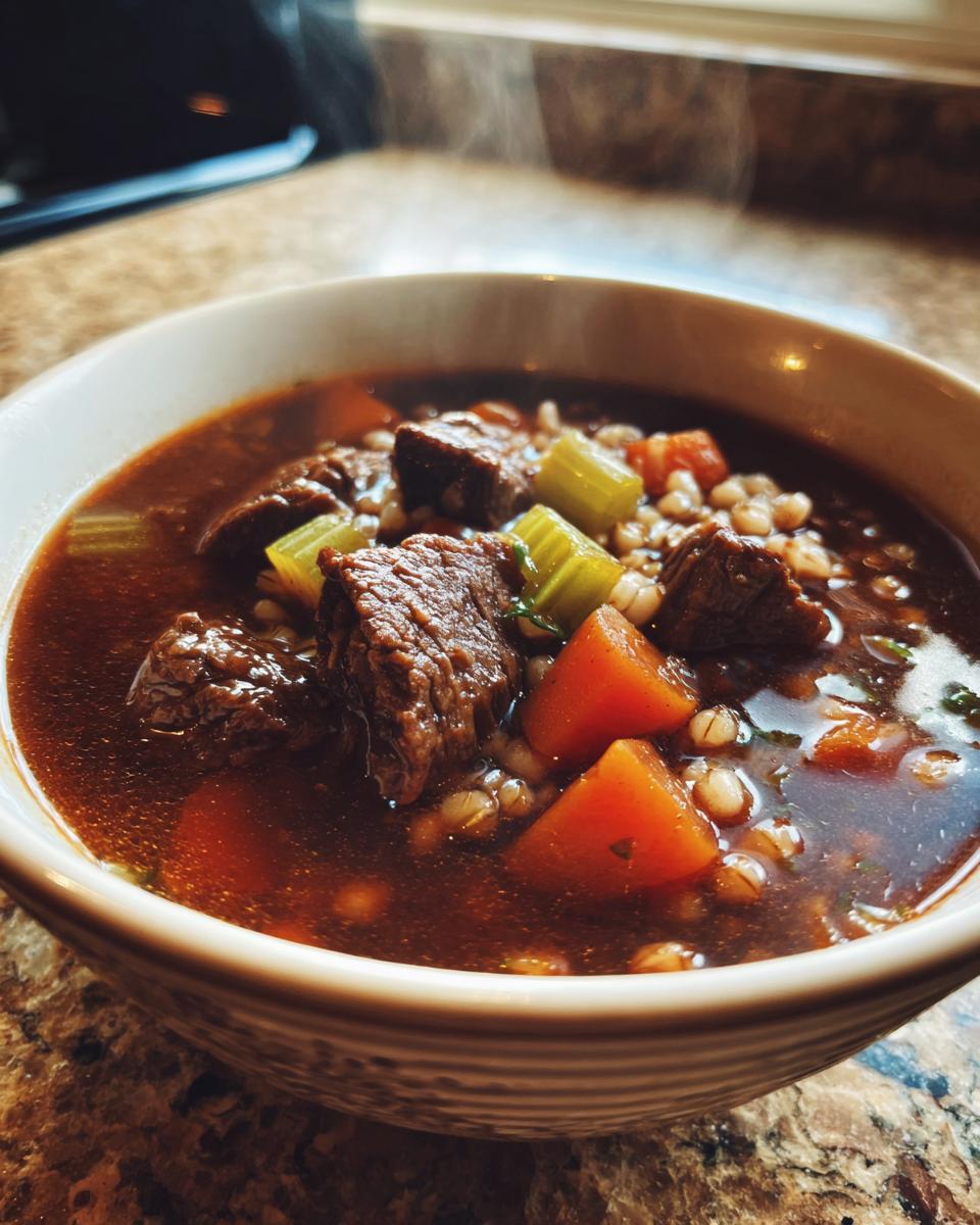 Close-up of a steaming bowl of rich, dark beef barley soup filled with chunks of beef, carrots, celery, and barley.