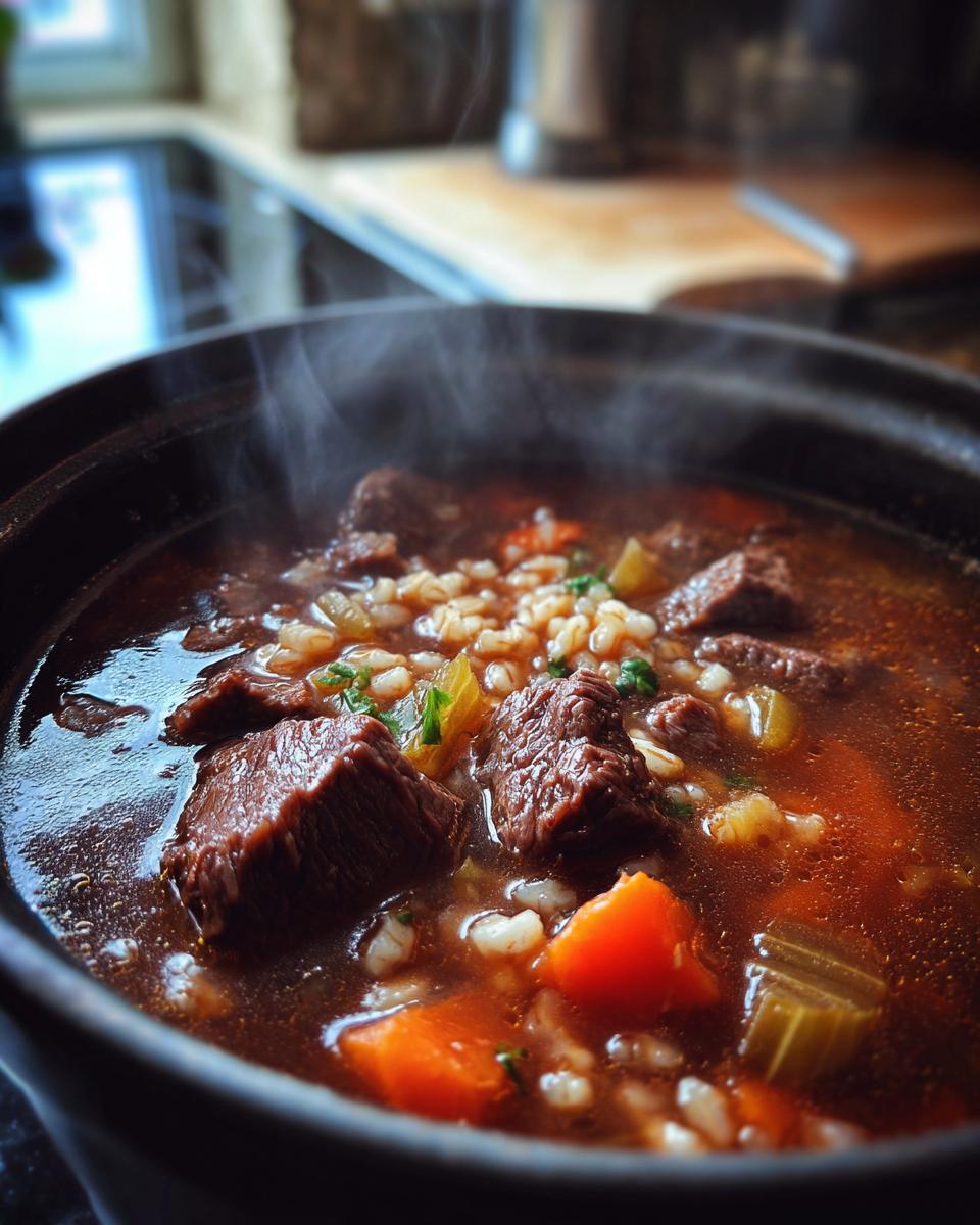 Close-up of a steaming bowl of rich beef barley soup with chunks of beef, carrots, celery, and barley.