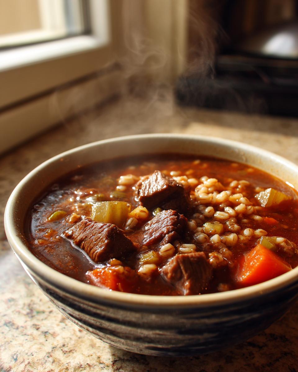 Close-up of a steaming bowl of rich beef barley soup featuring chunks of beef, barley, carrots, and celery.