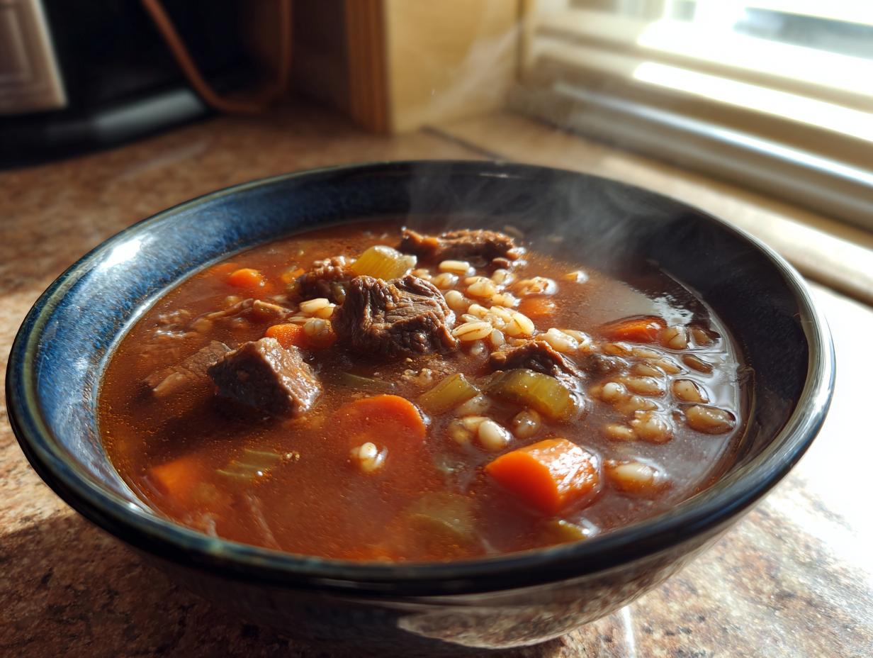 A close-up of a steaming dark blue bowl filled with rich beef barley soup, featuring chunks of beef, carrots, and barley.