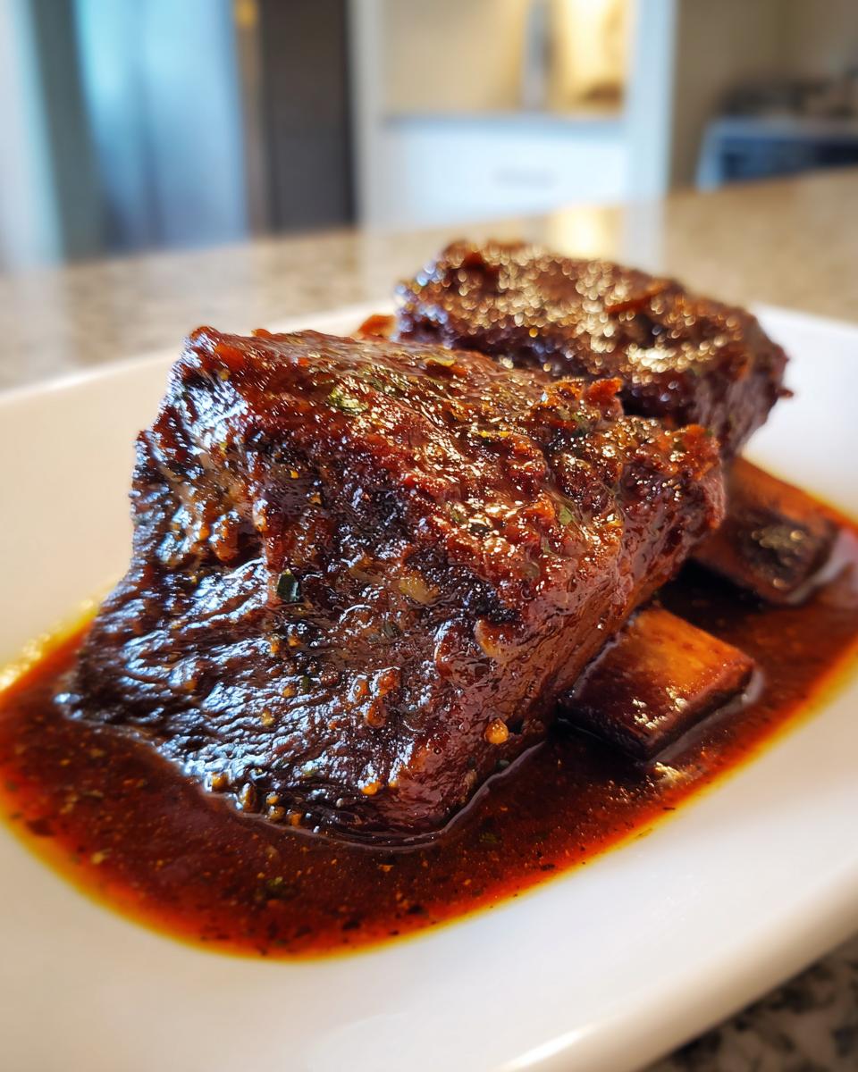 Close-up of two tender braised short ribs coated in a rich, dark red glaze, served in a pool of sauce.