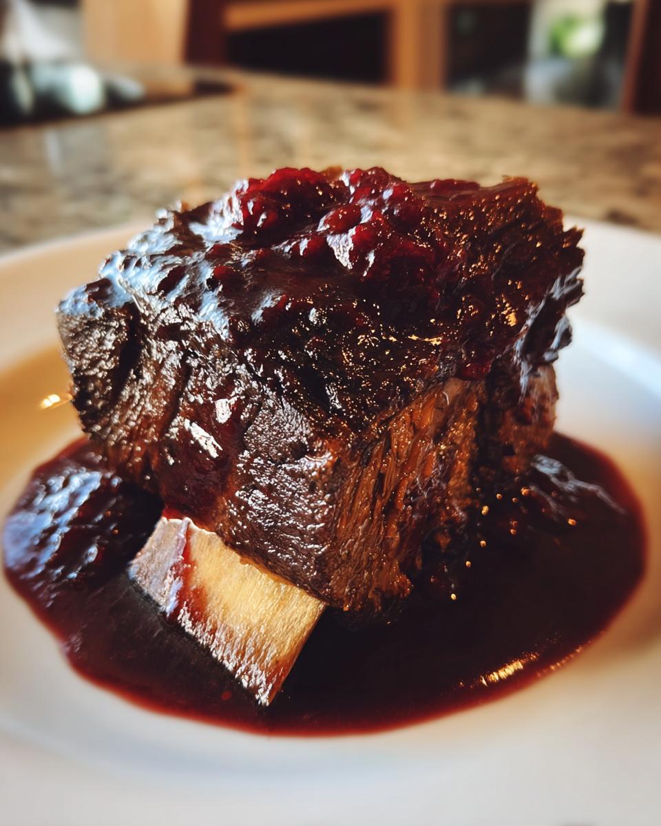 Close-up of a single, tender braised short ribs portion covered in a rich, dark red glaze, resting in sauce.