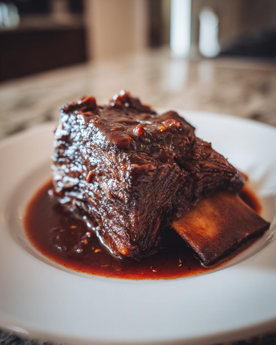 Close-up of a single, tender braised short ribs portion covered in rich, dark sauce on a white plate.