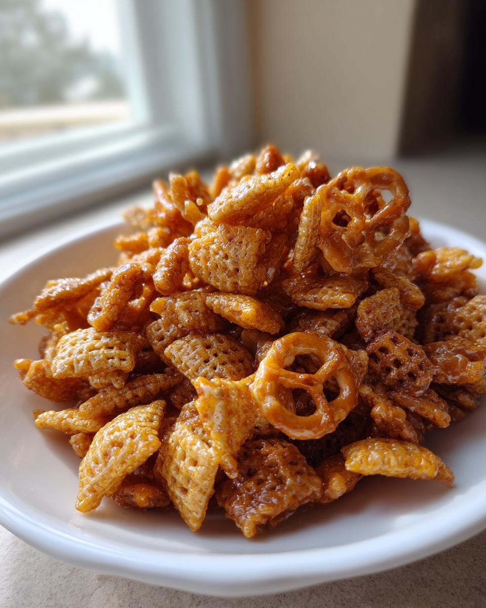 A close-up of a white bowl filled with shiny, glazed toffee chex mix recipe, featuring square cereal pieces and pretzels.