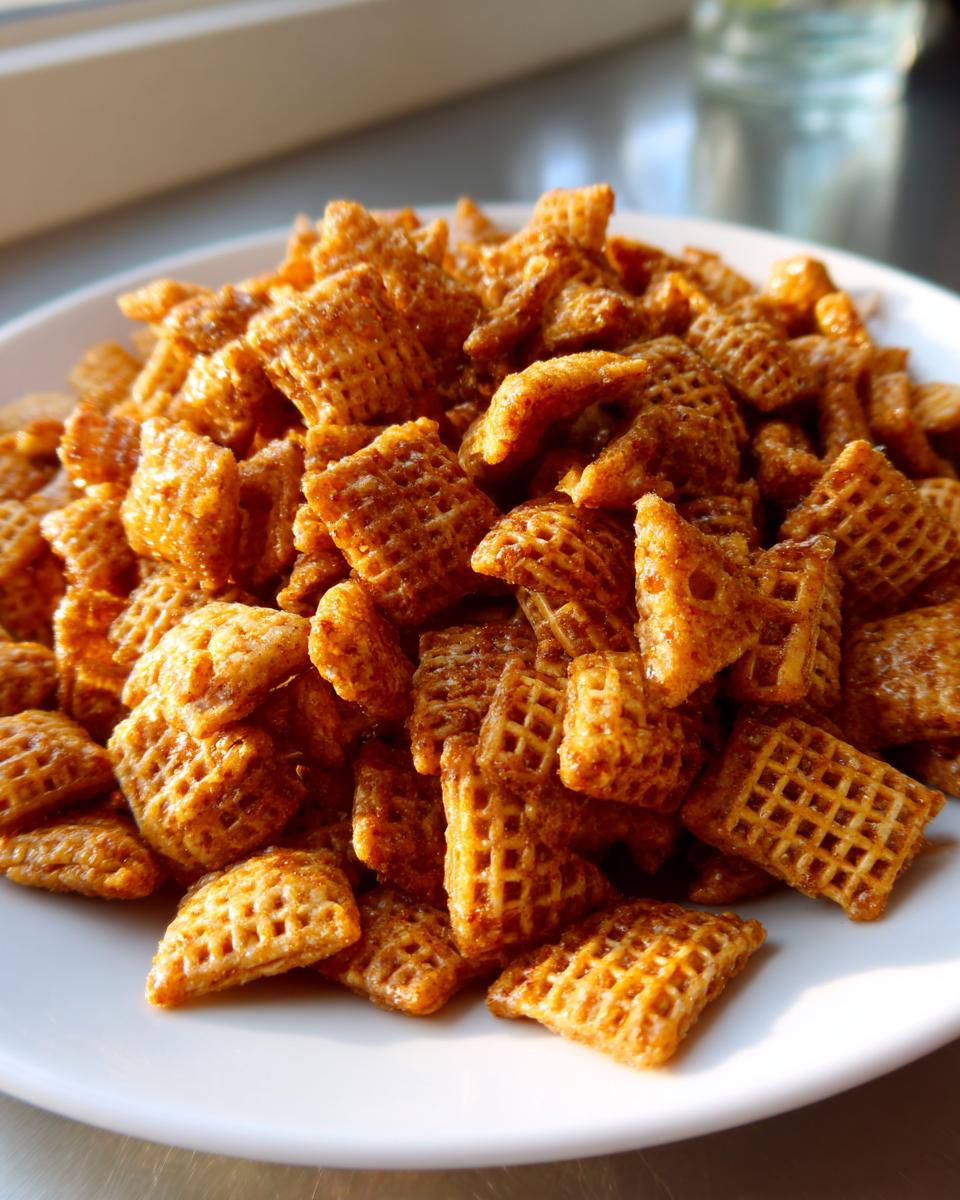A pile of golden-brown, glazed cereal pieces from the toffee chex mix recipe piled high on a white plate.