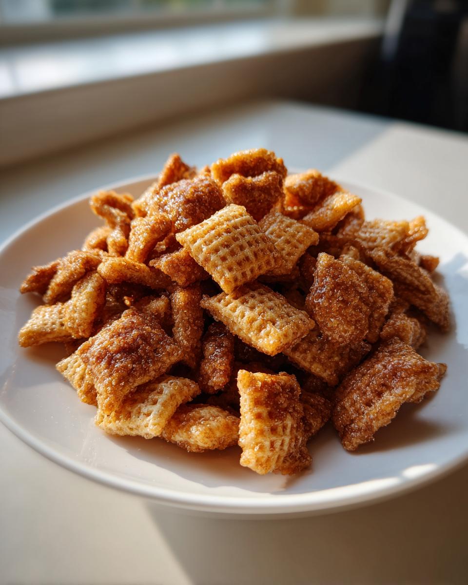 A pile of golden brown, glossy toffee chex mix recipe pieces served on a white plate near a window.