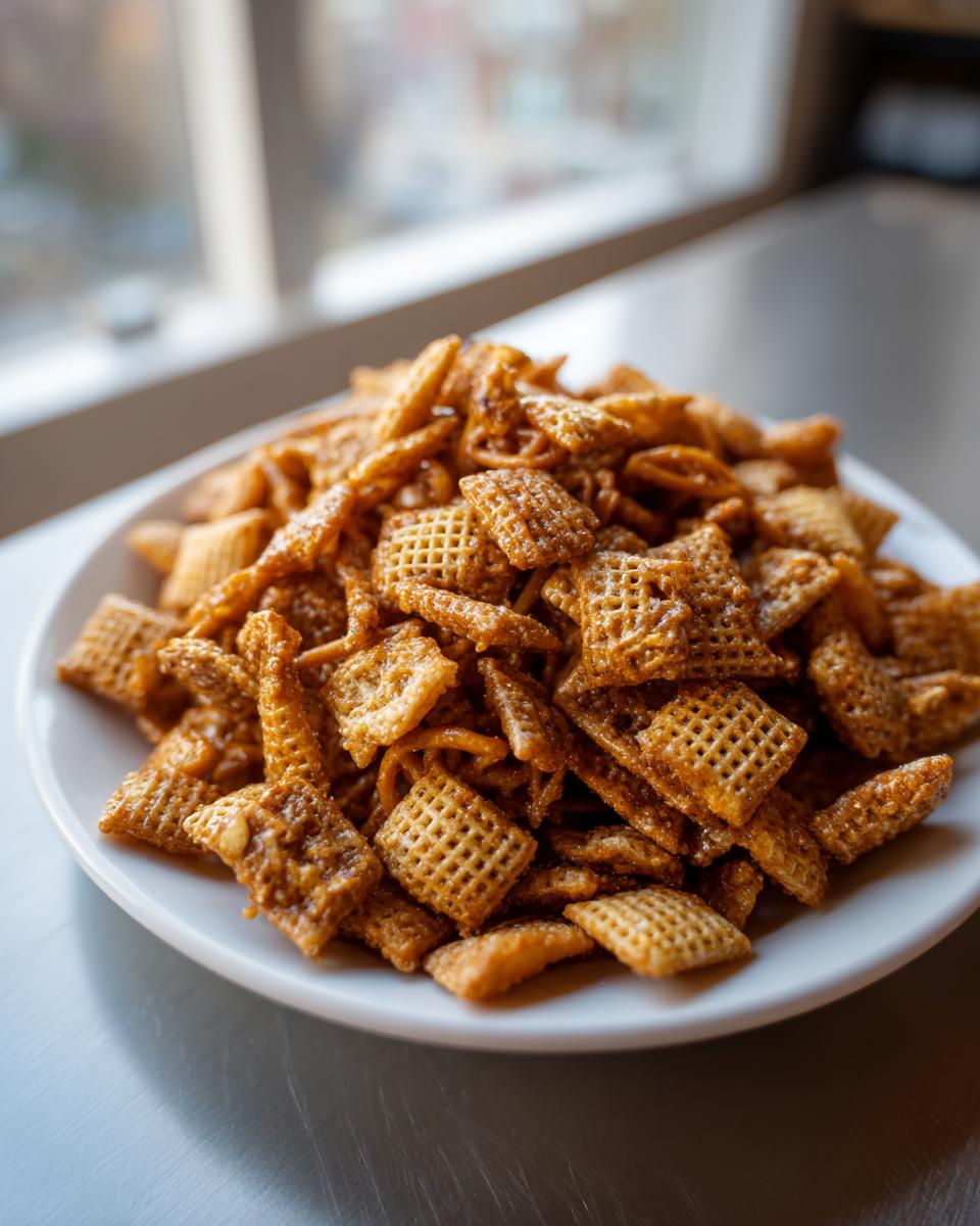 A mound of shiny, glazed toffee chex mix recipe piled high on a white plate near a window.