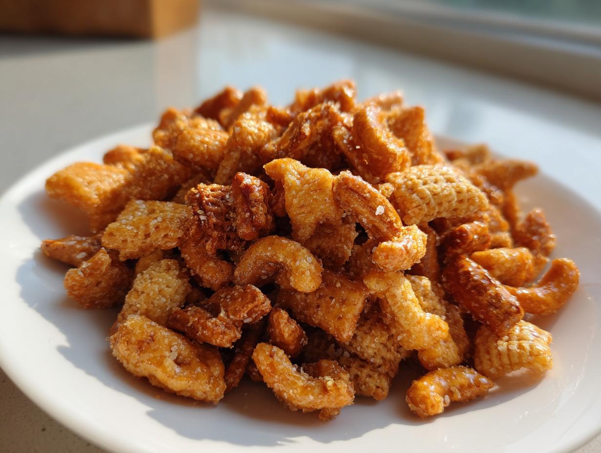 A pile of golden brown, glazed cereal pieces from a toffee chex mix recipe served on a white plate.