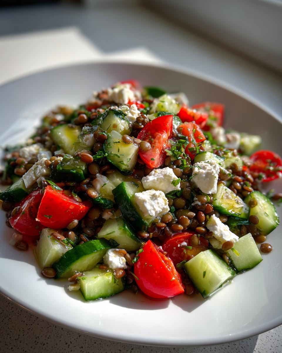 Close-up of a vibrant lentil salad featuring brown lentils, chopped tomatoes, cucumbers, and feta cheese.