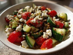 Close-up of a vibrant lentil salad featuring brown lentils, chunks of cucumber, halved cherry tomatoes, and crumbled feta cheese.