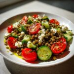 Close-up of a bright, fresh lentil salad mixed with chopped cucumbers, cherry tomatoes, and feta cheese.