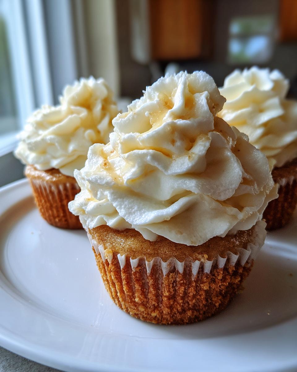 Three delicious banana pudding cupcakes with tall swirls of white frosting drizzled with caramel on a white plate.