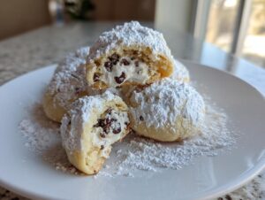 Close-up of several powdered sugar-dusted cannoli cookies, one broken open to show the creamy ricotta filling with chocolate chips.