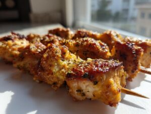 Close-up shot of perfectly grilled, seasoned chicken skewers resting on a white plate in bright sunlight.