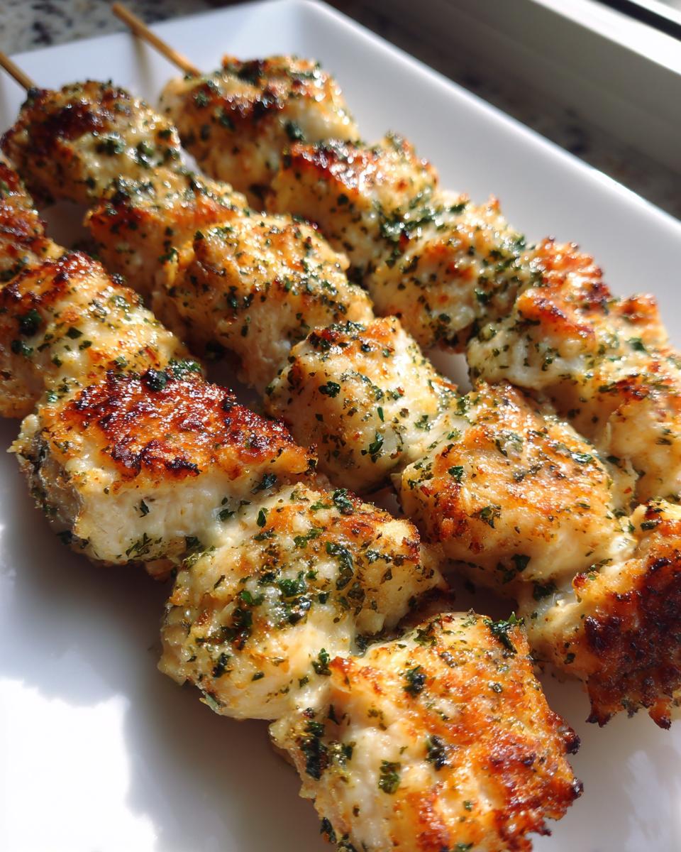 Close-up of four grilled chicken skewers seasoned with herbs, showing golden-brown char marks.