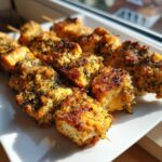 Close-up of perfectly cooked, golden-brown chicken skewers seasoned heavily with herbs, resting on a white plate.