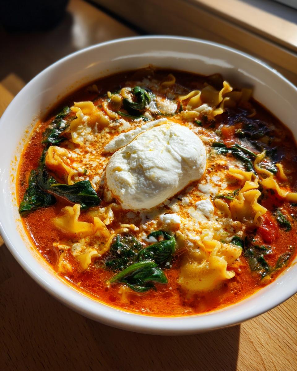 A close-up of a white bowl filled with rich, red lasagna soup, featuring ruffled pasta, spinach, and a large dollop of creamy ricotta cheese.