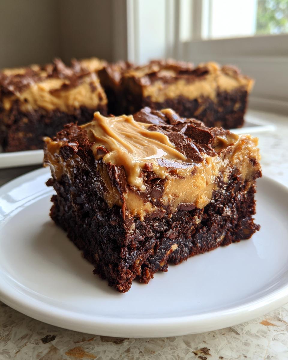 A rich, fudgy square of banana bread brownies topped with creamy peanut butter frosting and chocolate chunks.