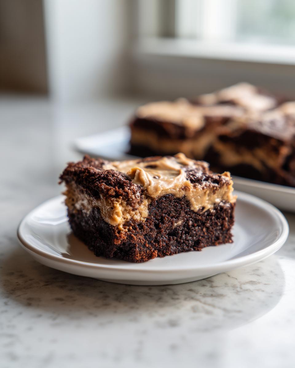 A rich, fudgy square of banana bread brownies topped with a peanut butter swirl, served on a white plate.