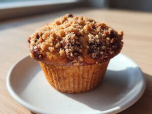 A single, golden-brown banana nut muffin topped with crunchy streusel sits on a small white plate in bright sunlight.
