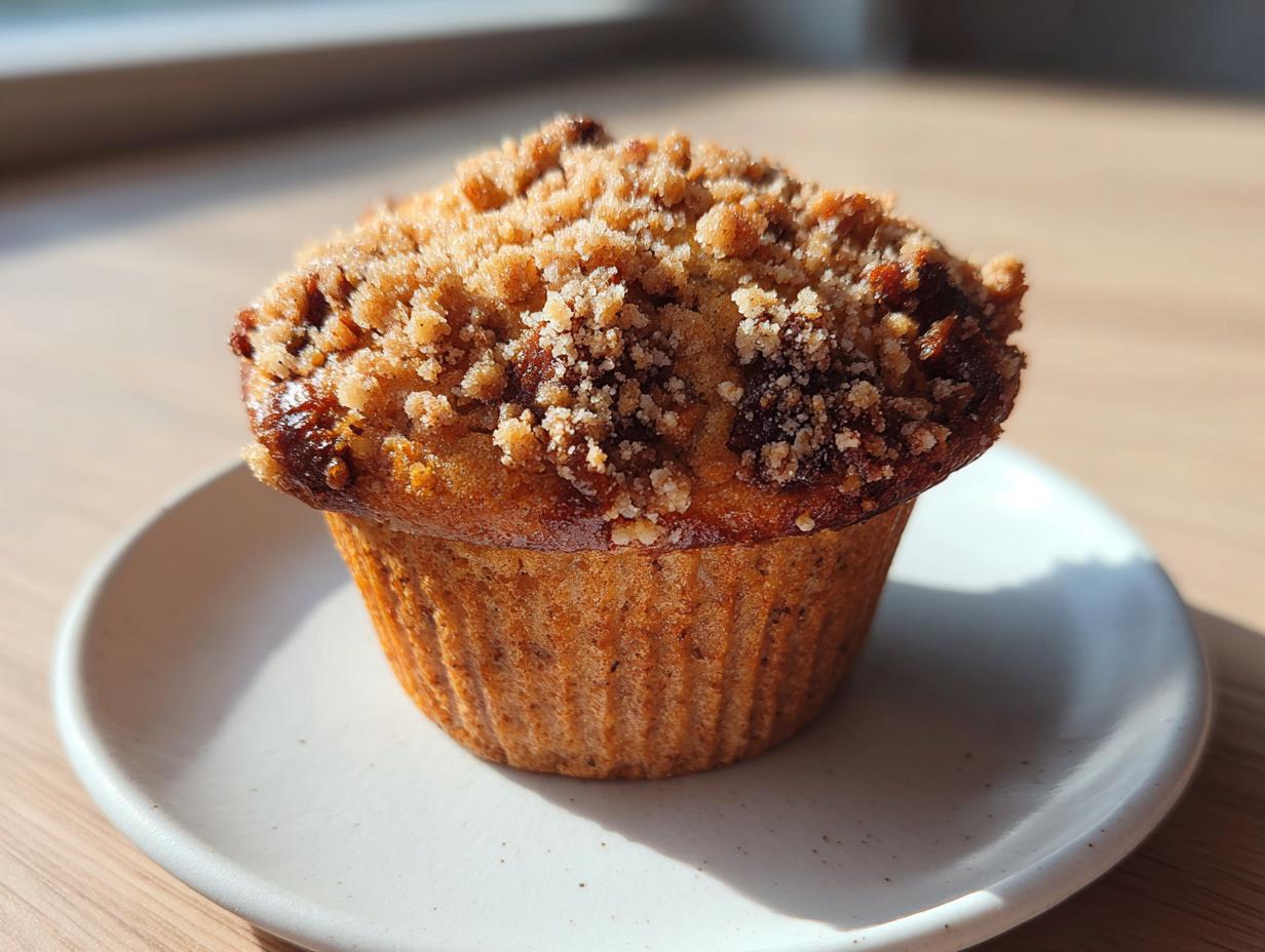 A single, golden-brown banana nut muffin topped with crunchy streusel sits on a small white plate in bright sunlight.