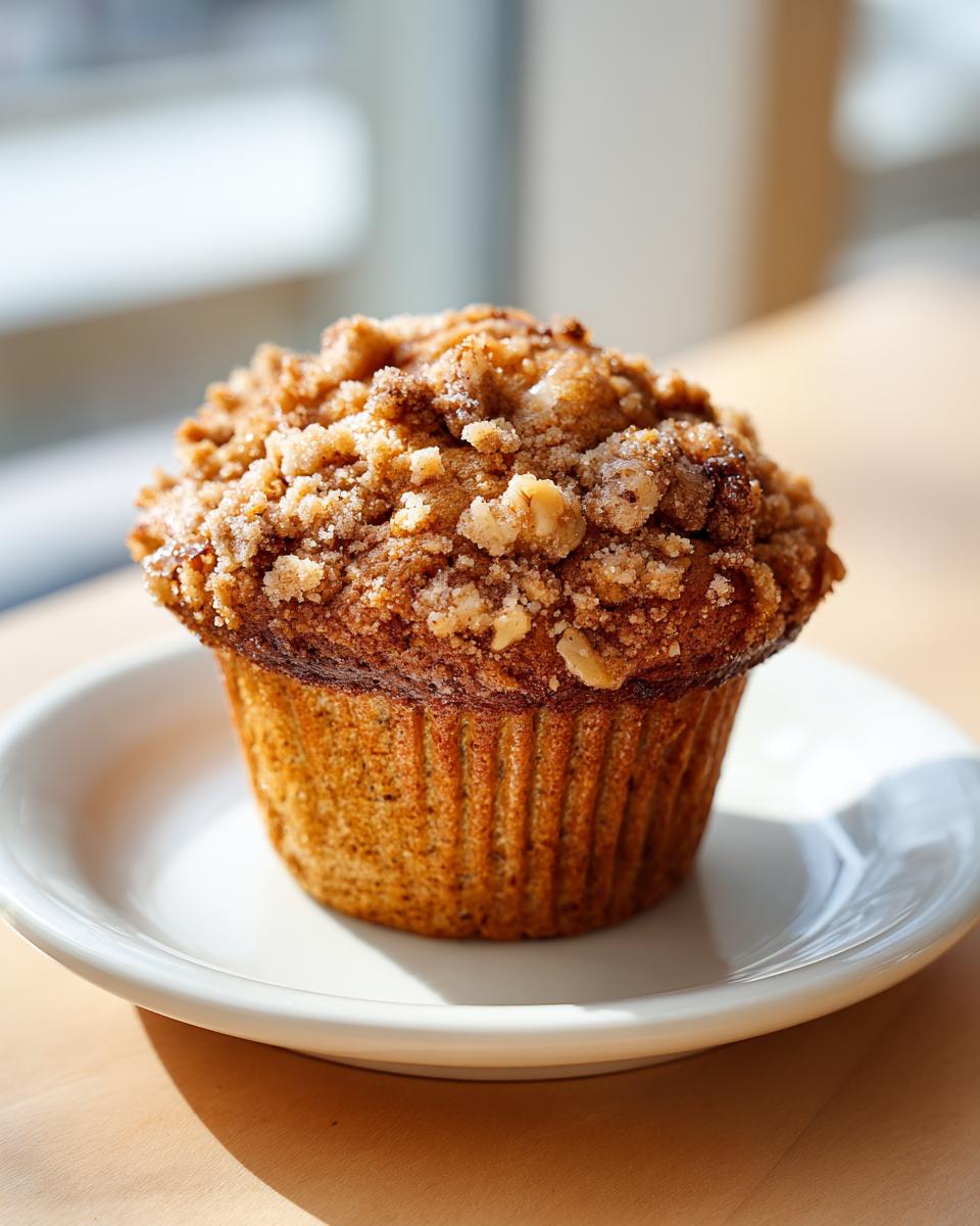 A single, freshly baked banana nut muffin with a thick, crumbly streusel topping, sitting on a white plate.