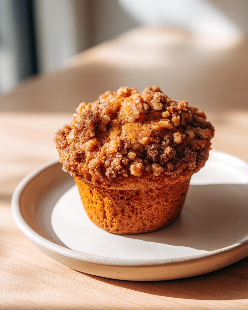 A close-up of a single, golden banana nut muffin topped with a thick, crunchy streusel topping, sitting on a small plate.