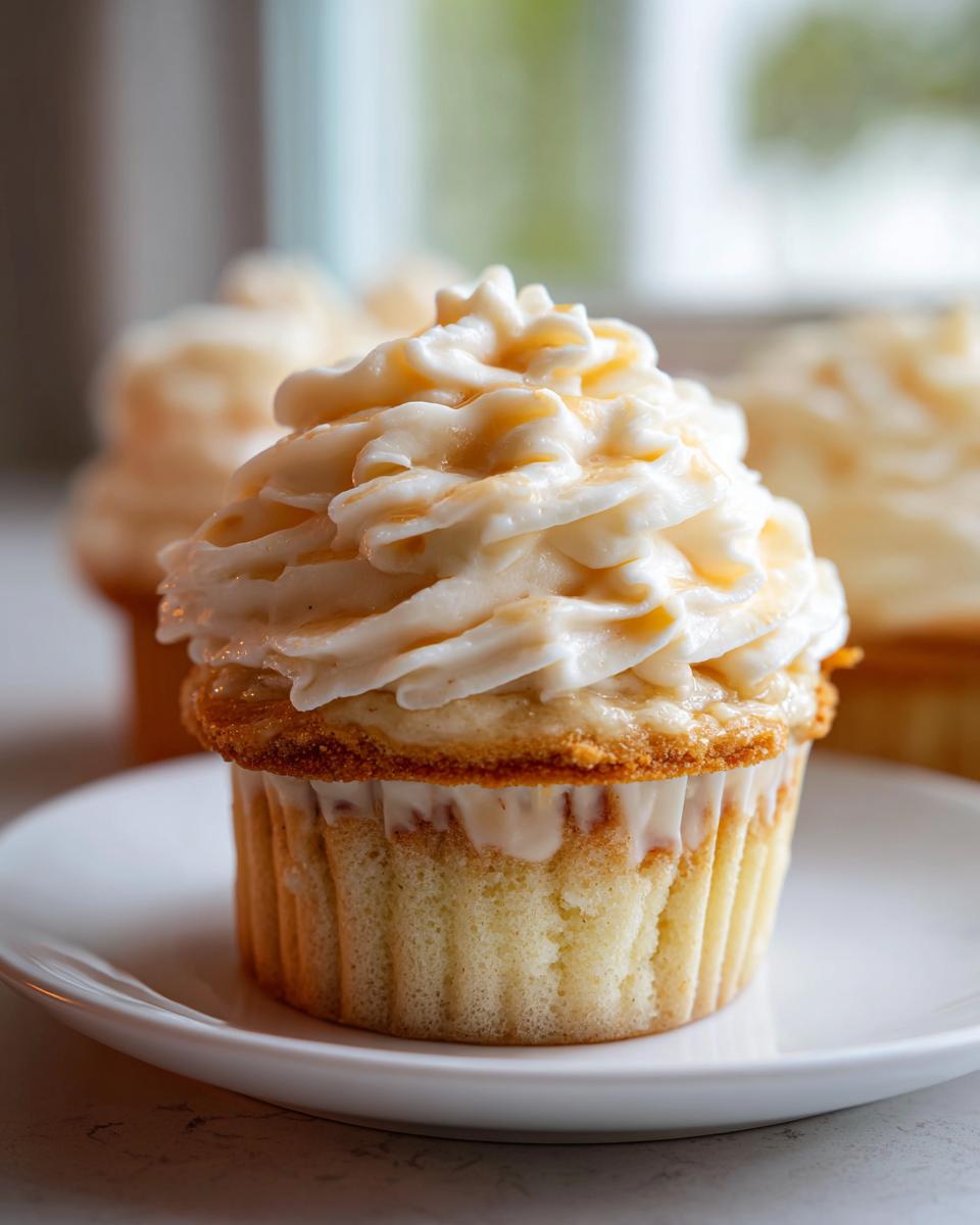 A single, delicious banana pudding cupcake topped with thick vanilla frosting and a caramel drizzle, sitting on a white plate.