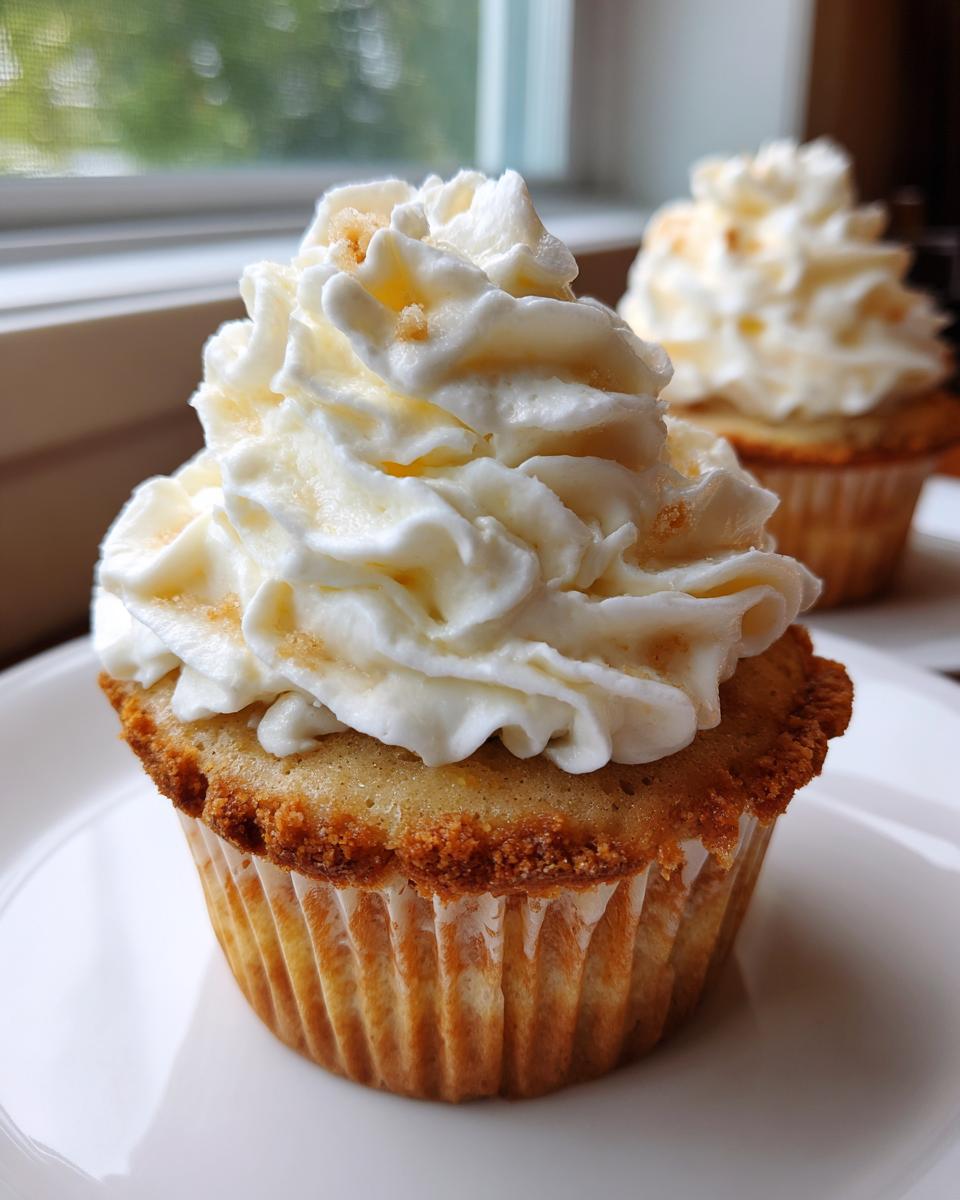 A close-up of a delicious banana pudding cupcakes topped with a swirl of white whipped cream and cookie crumbs.