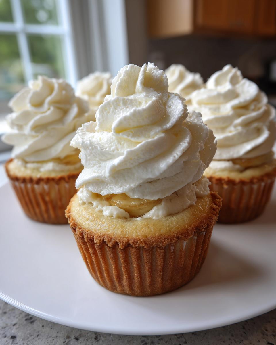 Close-up of several banana pudding cupcakes topped with tall swirls of white whipped cream frosting.
