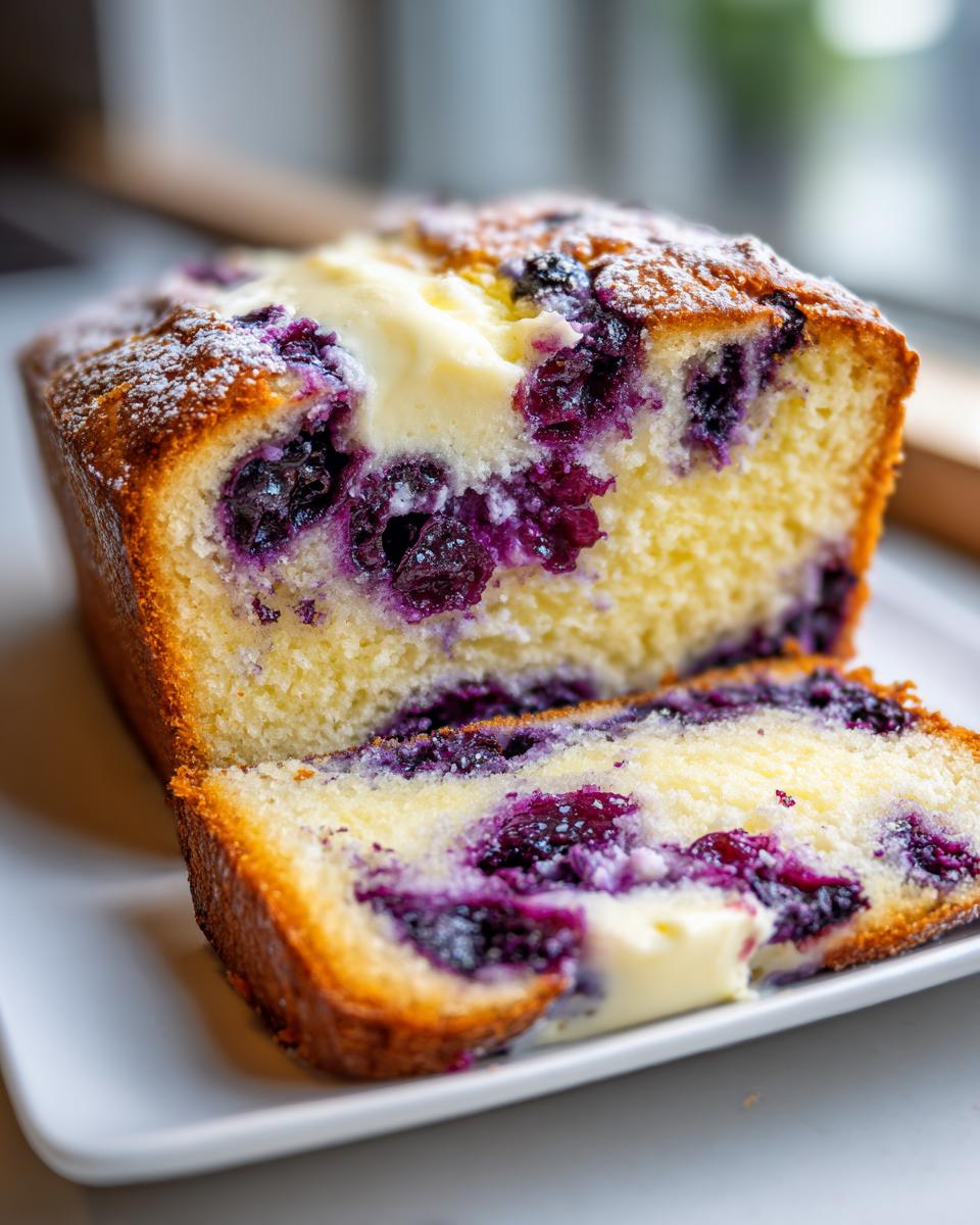 A close-up of sliced Blueberry Cream Cheese Bread showing the swirl of cream cheese and burst blueberries inside.