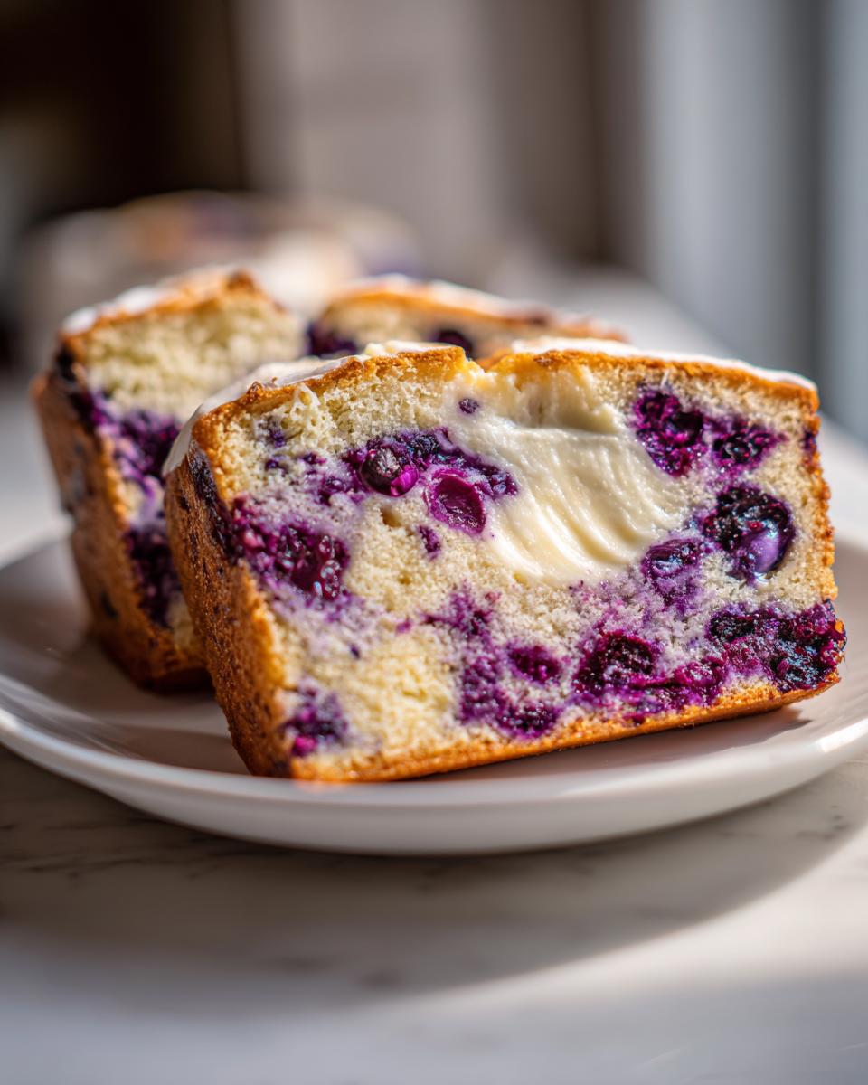 Close-up of a moist slice of Blueberry Cream Cheese Bread showing a rich cream cheese swirl and baked blueberries.