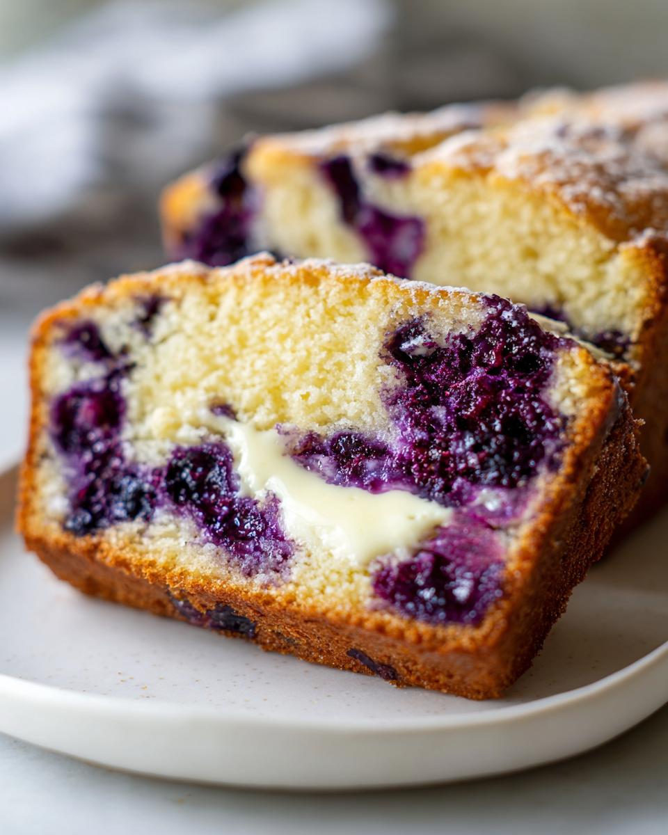 Close-up of a thick slice of moist Blueberry Cream Cheese Bread with a dollop of melting butter.