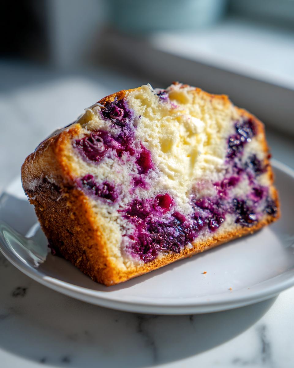Close-up of a moist slice of Blueberry Cream Cheese Bread showing rich purple blueberry pockets and cream cheese swirls.
