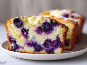 Close-up of a thick slice of moist Blueberry Cream Cheese Bread, showing vibrant purple blueberries baked throughout the loaf.