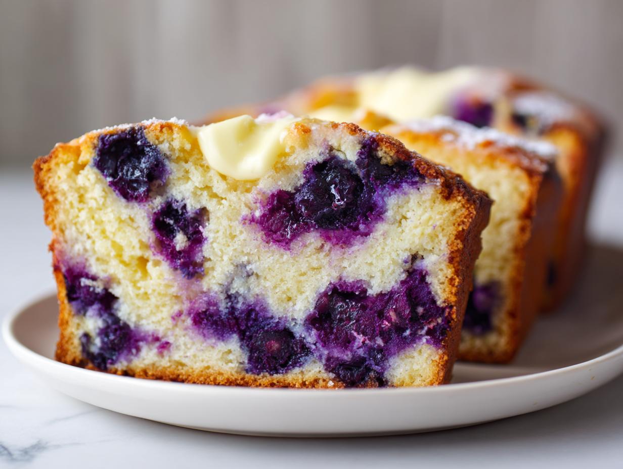 Close-up of a thick slice of moist Blueberry Cream Cheese Bread, showing vibrant purple blueberries baked throughout the loaf.