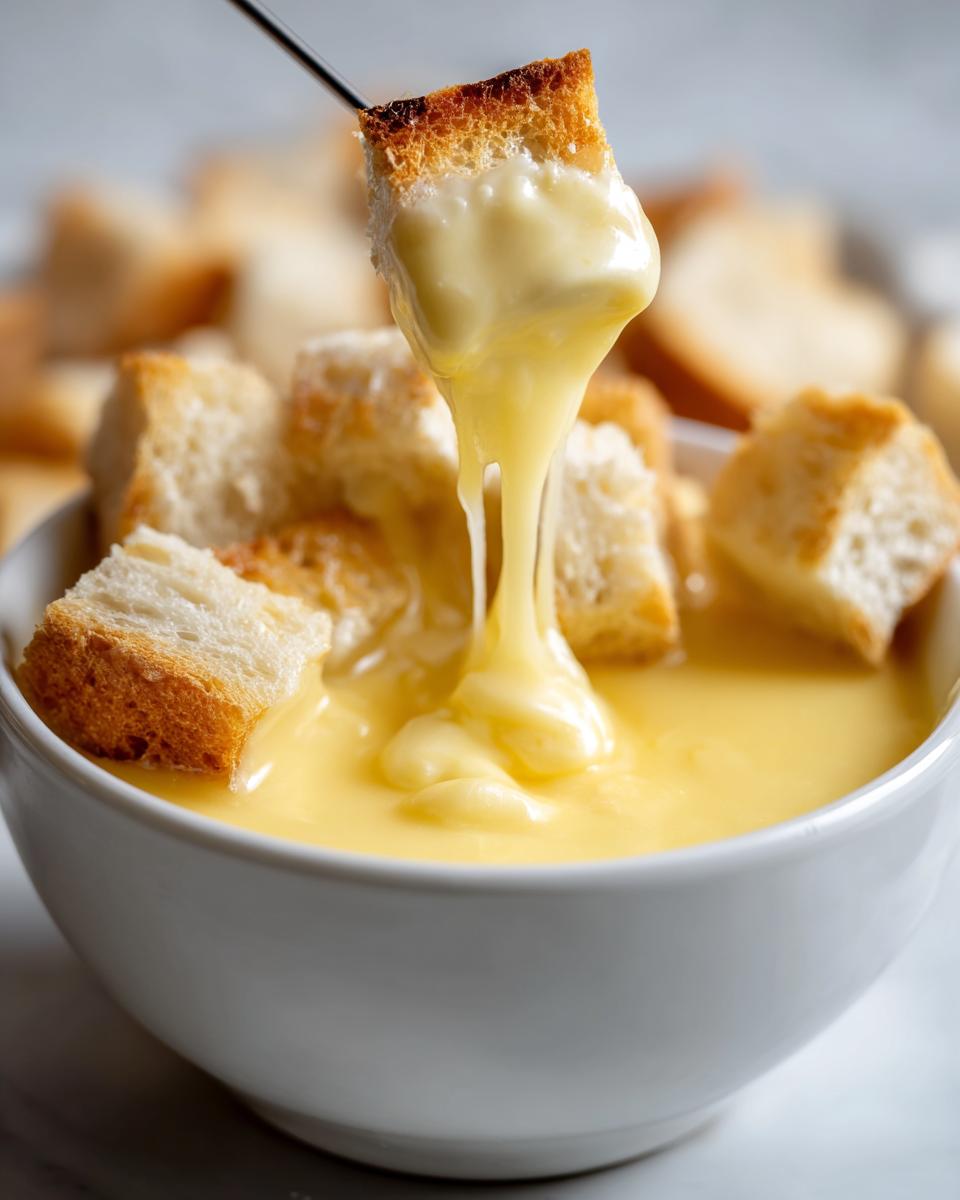 A piece of toasted bread is dipped into a white bowl of creamy, melted cheese fondue recipe, showing a delicious cheese pull.