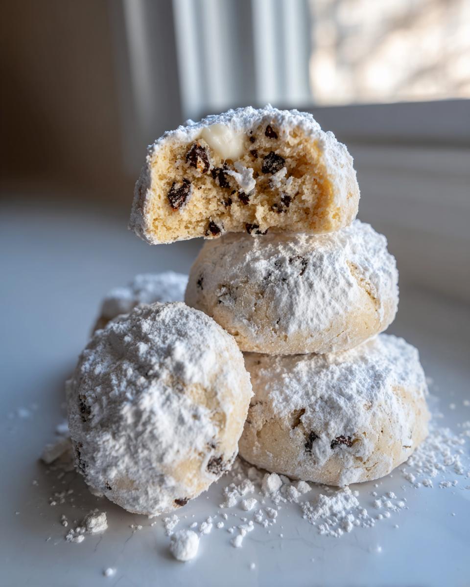 A stack of powdered sugar-dusted cannoli cookies, one broken open showing the creamy filling and mini chocolate chips.