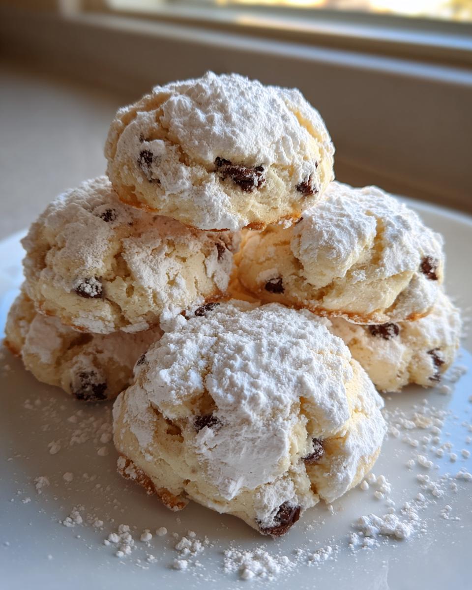 A stack of freshly baked cannoli cookies generously dusted with powdered sugar, showing small chocolate chips inside.
