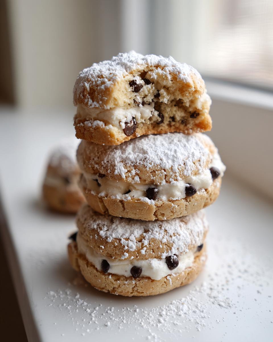 A stack of three chocolate chip cannoli cookies filled with cream and dusted heavily with powdered sugar.