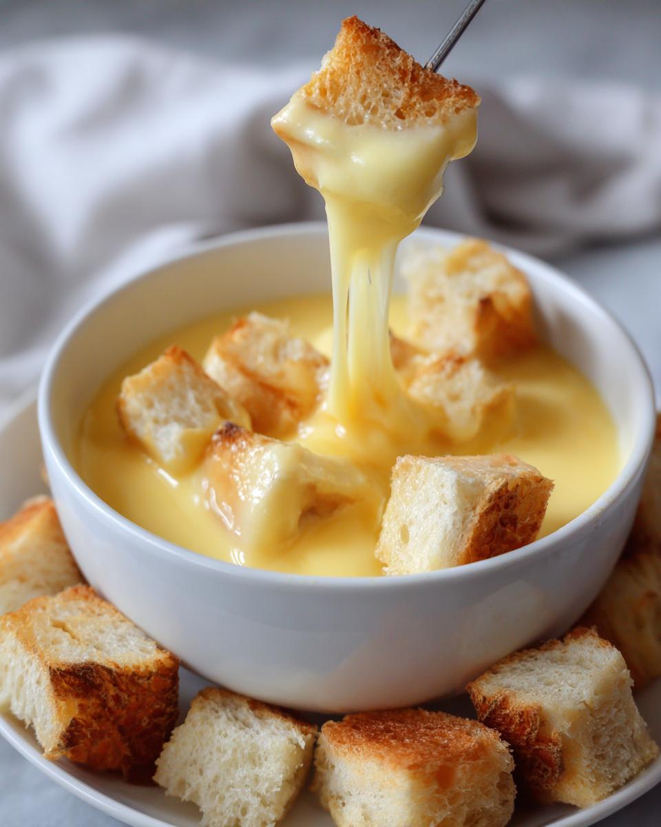 A piece of toasted bread being dipped into a bowl of smooth, yellow cheese fondue recipe, showing a long cheese pull.