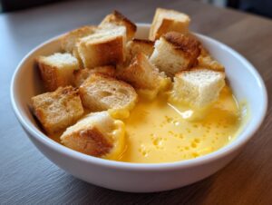 Close-up of toasted bread cubes being dipped into a bowl of smooth, bright yellow cheese fondue recipe.