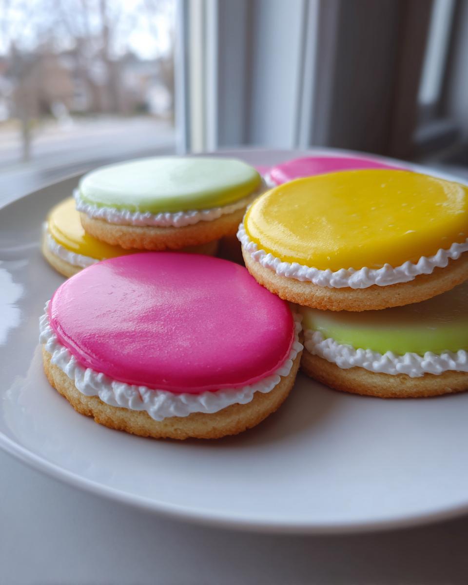 Close-up of sandwich cookies topped with bright pink, yellow, and green cookie icing, piped with white frosting border.